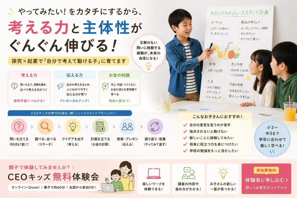 ジューススタンド計画を発表する子ども