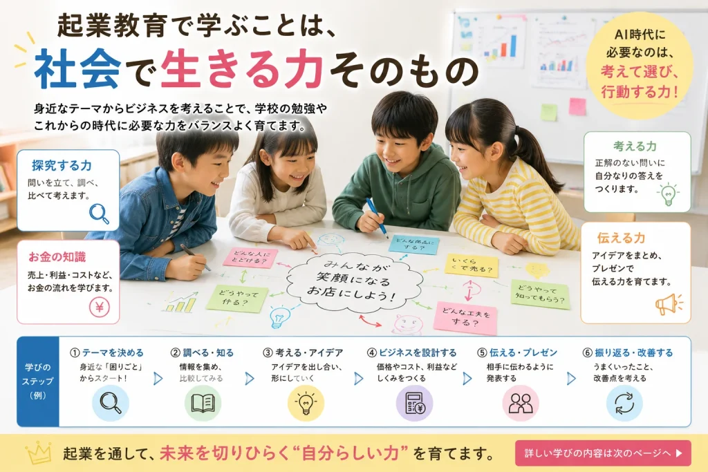 起業教育の学びのステップを示す図解