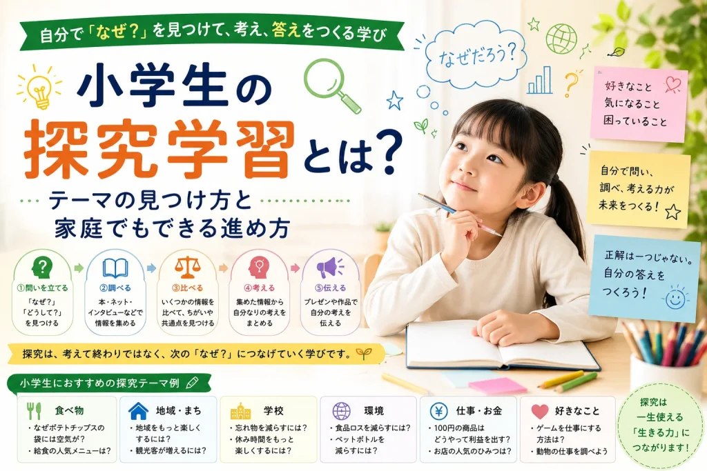 食べ物・地域・学校・環境・仕事お金・好きなことの探究テーマ例の図解