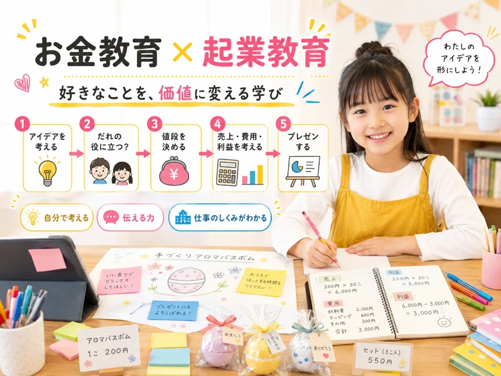 アイデアを考える・値段を決める・売上費用利益を考える・プレゼンするというビジネスワークの図解