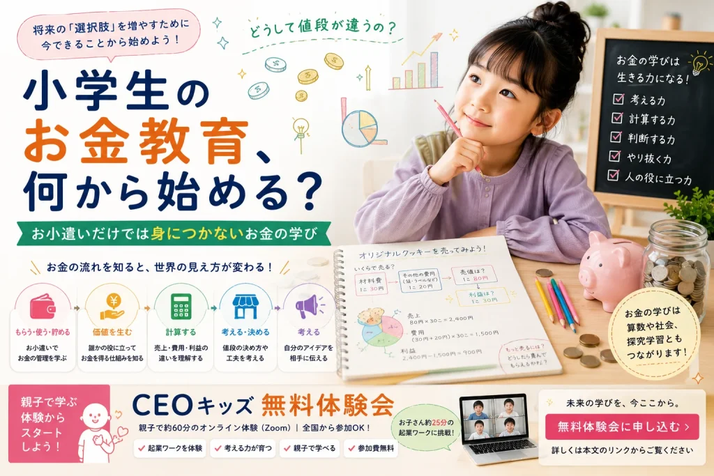 使う貯める・稼ぐ生み出す・売上と利益・値段の決め方・人の役に立つを示すお金の学びの図解